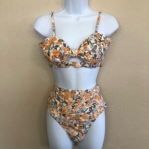 CUPSHE Ditsy Floral knotted Cutout Back Hook Closure High-Waisted Bikini Set M/L